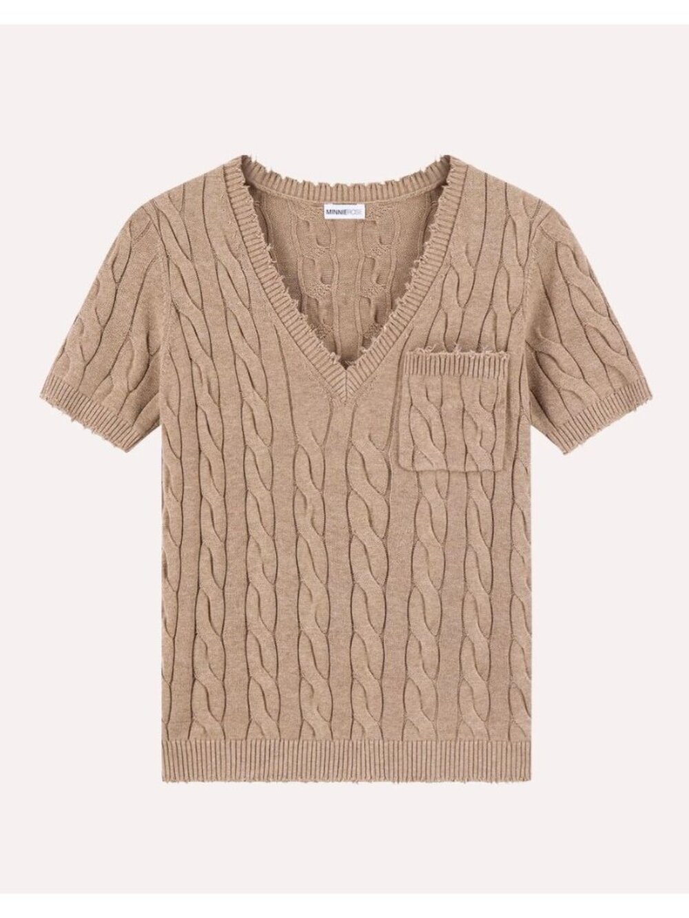 MinnieRose Cotton Frayed Cable V-Neck Tee With Pocket Size S
